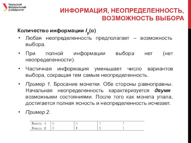 ИНФОРМАЦИЯ, НЕОПРЕДЕЛЕННОСТЬ, ВОЗМОЖНОСТЬ ВЫБОРА Количество информации Iβ(α) Любая неопределенность предполагает