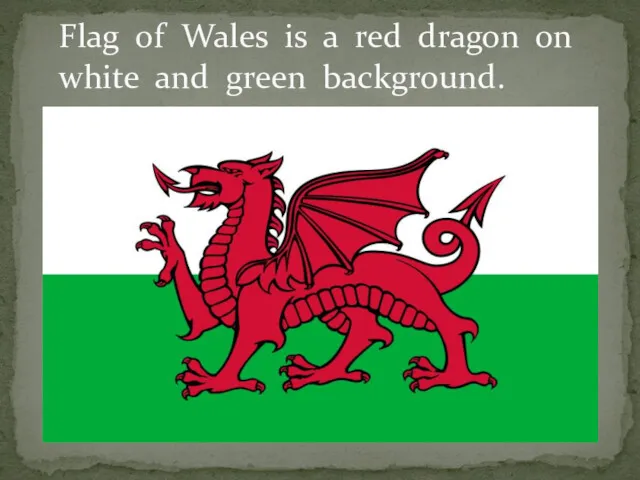 Flag of Wales is a red dragon on white and green background.