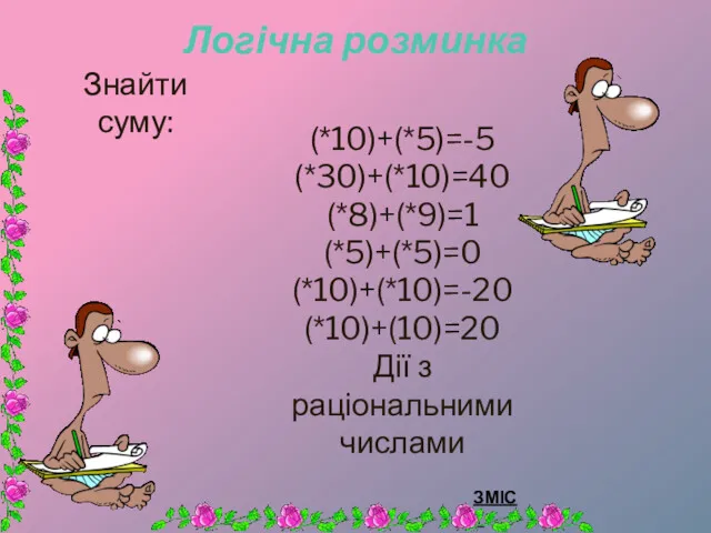 Логічна розминка Знайти суму: (*10)+(*5)=-5 (*30)+(*10)=40 (*8)+(*9)=1 (*5)+(*5)=0 (*10)+(*10)=-20 (*10)+(10)=20 Дії з раціональними числами ЗМІСТ