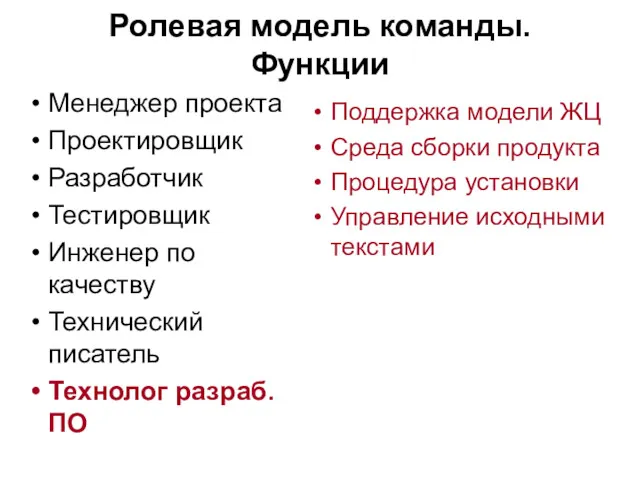 Ролевая модель команды. Функции Менеджер проекта Проектировщик Разработчик Тестировщик Инженер