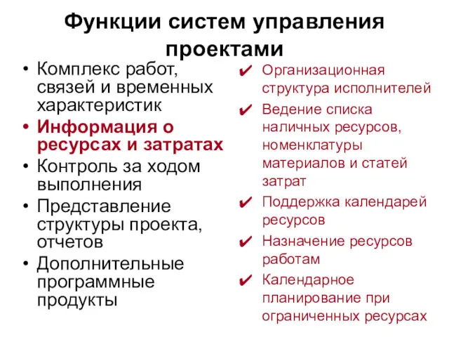 Функции систем управления проектами Комплекс работ, связей и временных характеристик