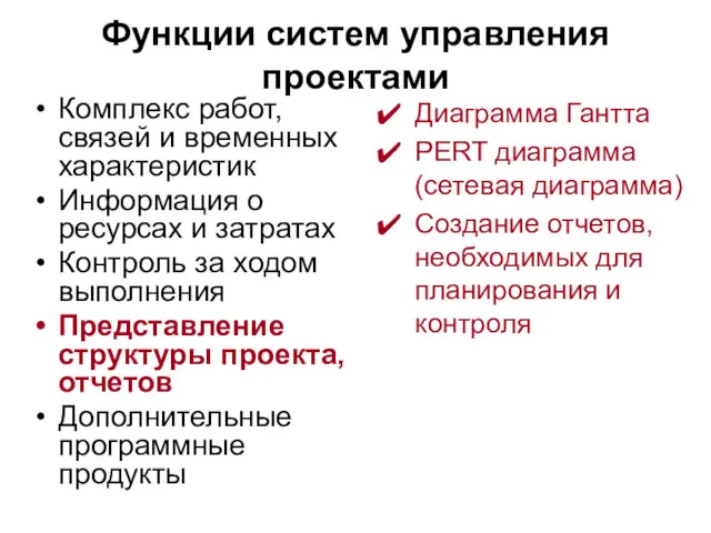 Функции систем управления проектами Комплекс работ, связей и временных характеристик