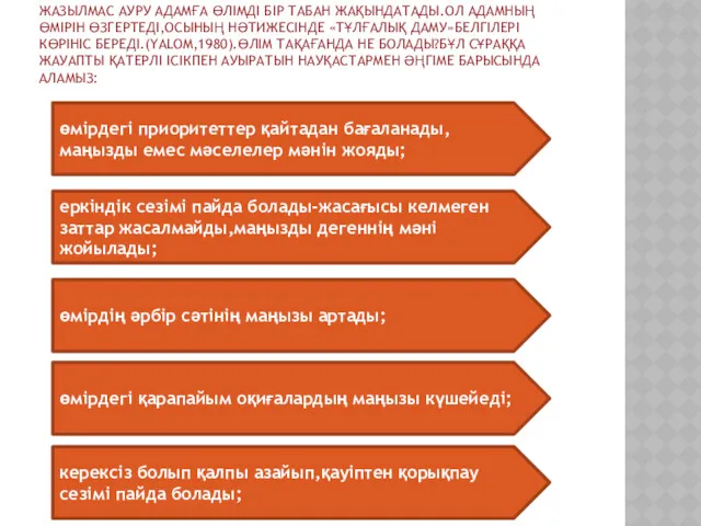 ЖАЗЫЛМАС АУРУ АДАМҒА ӨЛІМДІ БІР ТАБАН ЖАҚЫНДАТАДЫ.ОЛ АДАМНЫҢ ӨМІРІН ӨЗГЕРТЕДІ,ОСЫНЫҢ