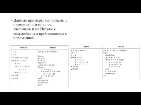 Данные примеры выполнены с применением циклов, счётчиков и на Питоне с сокращённым прибавлением к переменной