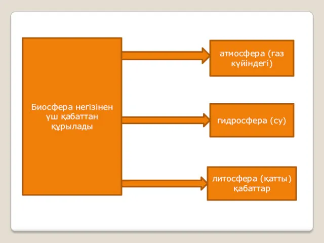 Биосфера негізінен үш қабаттан құрылады атмосфера (газ күйіндегі) гидросфера (су) литосфера (қатты) қабаттар