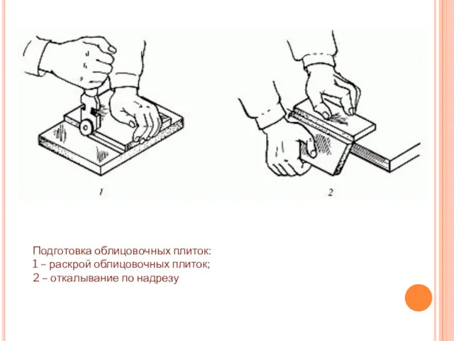 Подготовка облицовочных плиток: 1 – раскрой облицовочных плиток; 2 – откалывание по надрезу
