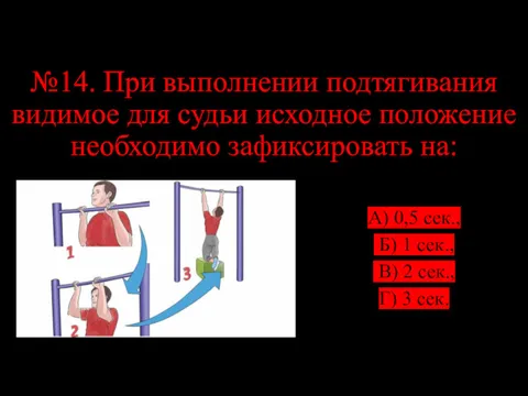 №14. При выполнении подтягивания видимое для судьи исходное положение необходимо