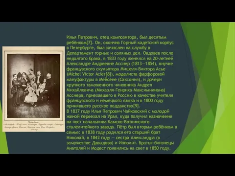 Илья Петрович, отец композитора, был десятым ребёнком[7]. Он, окончив Горный