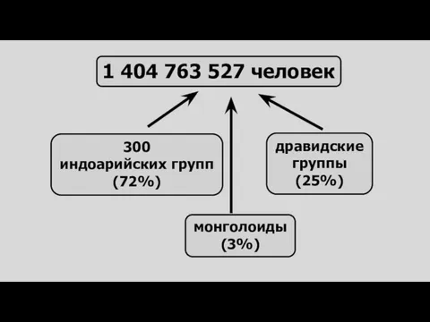 1 404 763 527 человек 300 индоарийских групп (72%) дравидские группы (25%) монголоиды (3%)