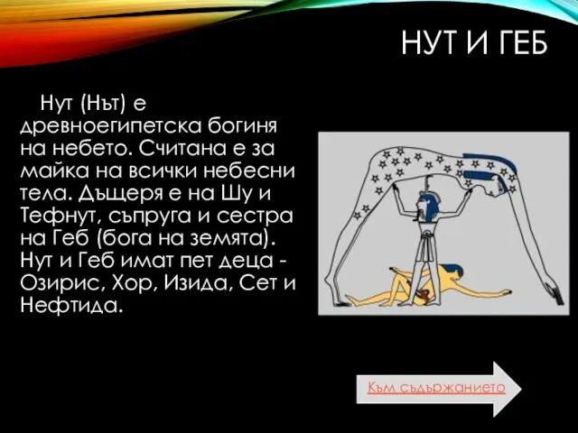 НУТ И ГЕБ Нут (Нът) е древноегипетска богиня на небето.