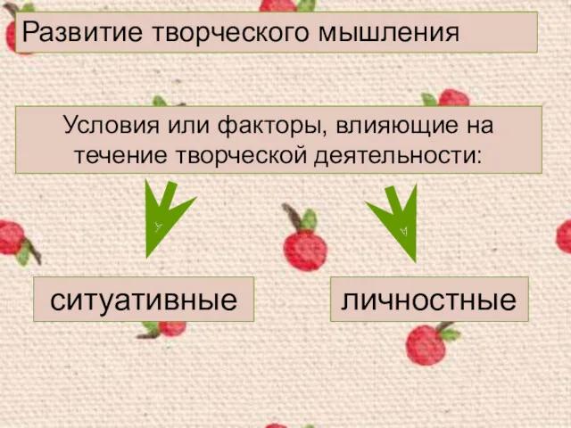 Развитие творческого мышления Условия или факторы, влияющие на течение творческой деятельности: ситуативные личностные