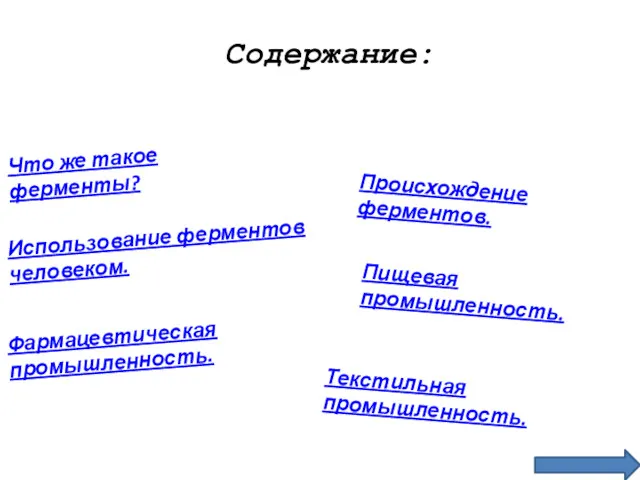 Что же такое ферменты? Использование ферментов человеком. Происхождение ферментов. Фармацевтическая промышленность. Пищевая промышленность. Текстильная промышленность. Содержание: