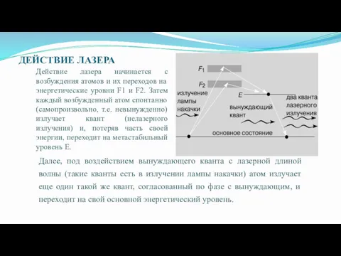 ДЕЙСТВИЕ ЛАЗЕРА Действие лазера начинается с возбуждения атомов и их