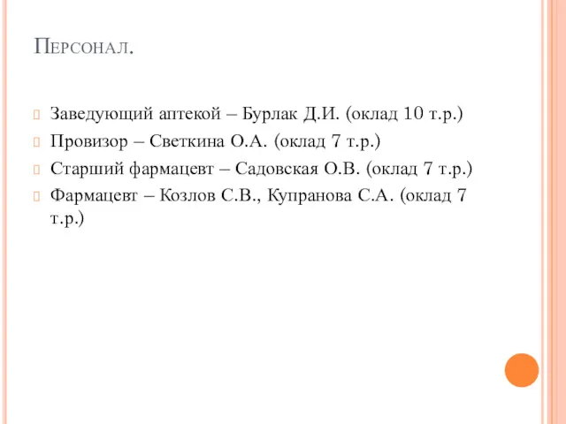 Персонал. Заведующий аптекой – Бурлак Д.И. (оклад 10 т.р.) Провизор