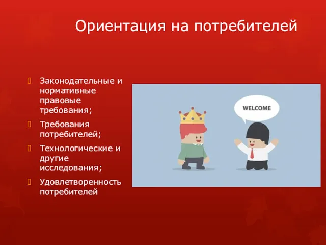 Ориентация на потребителей Законодательные и нормативные правовые требования; Требования потребителей; Технологические и другие исследования; Удовлетворенность потребителей