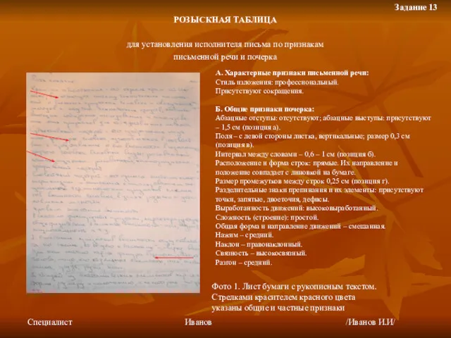 Задание 13 РОЗЫСКНАЯ ТАБЛИЦА для установления исполнителя письма по признакам