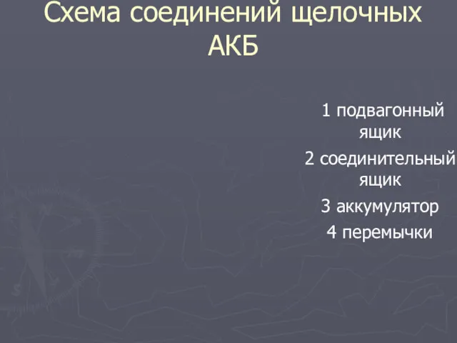 Схема соединений щелочных АКБ 1 подвагонный ящик 2 соединительный ящик 3 аккумулятор 4 перемычки