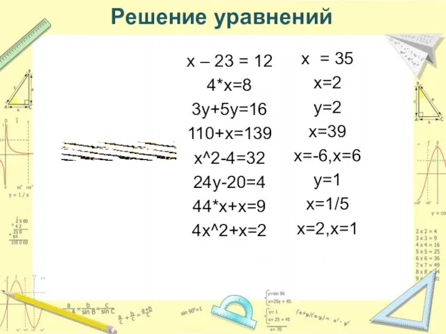 Решение уравнений x = 35 x=2 y=2 x=39 x=-6,x=6 y=1