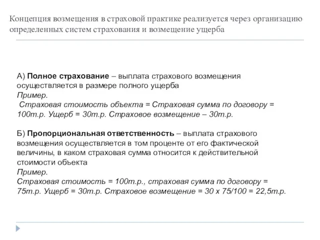 А) Полное страхование – выплата страхового возмещения осуществляется в размере полного ущерба Пример.