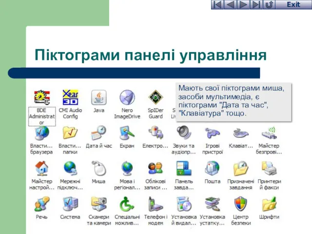 Піктограми панелі управління Мають свої піктограми миша, засоби мультимедіа, є піктограми "Дата та час", "Клавіатура" тощо.