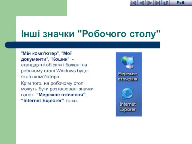 Інші значки "Робочого столу" "Мій комп'ютер", "Мої документи", “Кошик" -