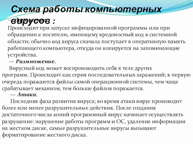 — Заражение. Происходит при запуске инфицированной программы или при обращении