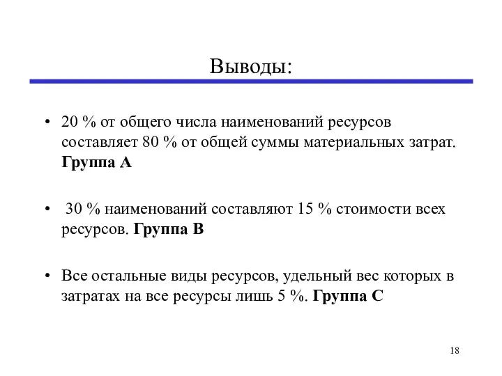 Выводы: 20 % от общего числа наименований ресурсов составляет 80