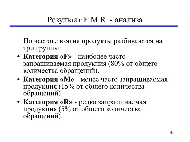 Результат F M R - анализа По частоте взятия продукты