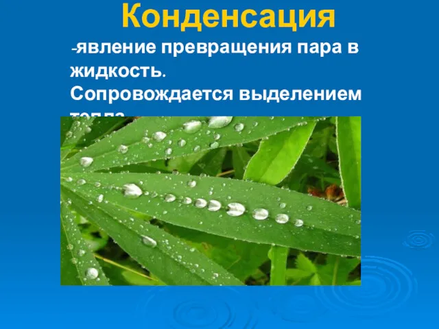 Конденсация -явление превращения пара в жидкость. Сопровождается выделением тепла