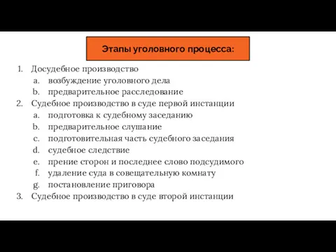 Этапы уголовного процесса: Досудебное производство возбуждение уголовного дела предварительное расследование