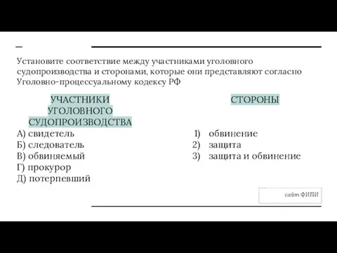 Установите соответствие между участниками уголовного судопроизводства и сторонами, которые они