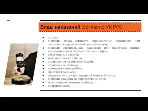 Виды наказаний (согласно УК РФ): штраф; лишение права занимать определенные