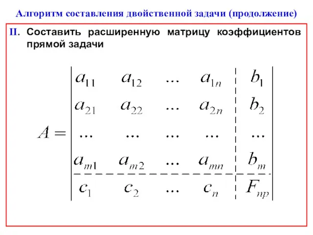 II. Составить расширенную матрицу коэффициентов прямой задачи Алгоритм составления двойственной задачи (продолжение)