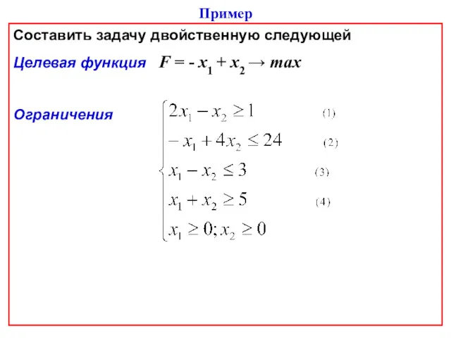 Составить задачу двойственную следующей Целевая функция F = - х1 + х2 → max Ограничения Пример