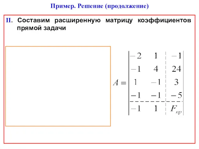II. Составим расширенную матрицу коэффициентов прямой задачи Пример. Решение (продолжение)