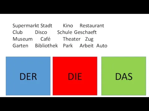 DER DIE DAS Supermarkt Stadt Kino Restaurant Club Disco Schule Geschaeft Museum Café