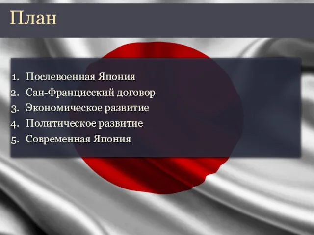 Послевоенная Япония Сан-Францисский договор Экономическое развитие Политическое развитие Современная Япония План