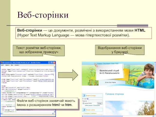 Веб-сторінки Веб-сторінки — це документи, розмічені з використанням мови HTML (Hyper Text Markup
