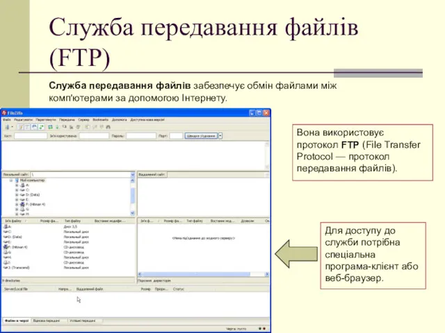 Служба передавання файлів (FTP) Служба передавання файлів забезпечує обмін файлами між комп'ютерами за
