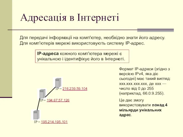 Адресація в Інтернеті Для передачі інформації на комп'ютер, необхідно знати його адресу. Для