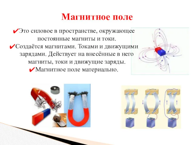 Магнитное поле Это силовое в пространстве, окружающее постоянные магниты и