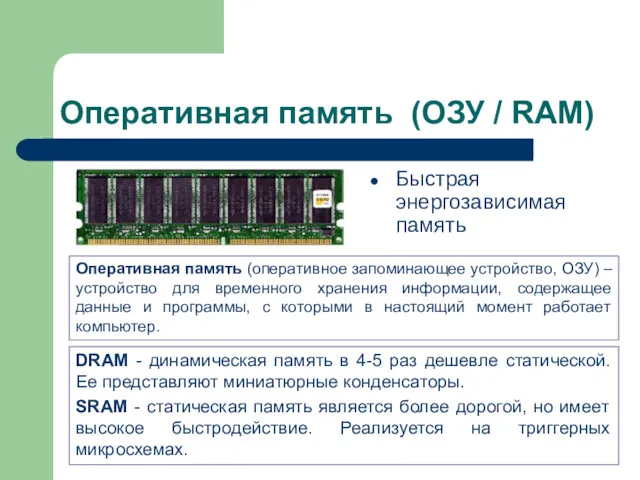 Оперативная память (ОЗУ / RAM) Быстрая энергозависимая память DRAM - динамическая память в