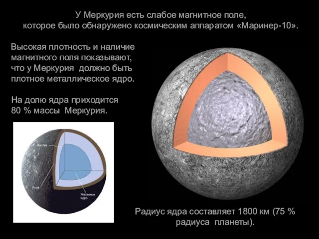 У Меркурия есть слабое магнитное поле, которое было обнаружено космическим аппаратом «Маринер-10». Высокая