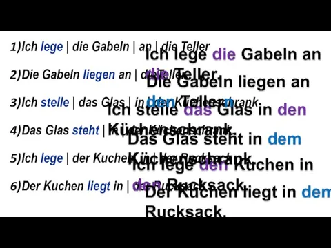 Ich lege | die Gabeln | an | die Teller Die Gabeln liegen