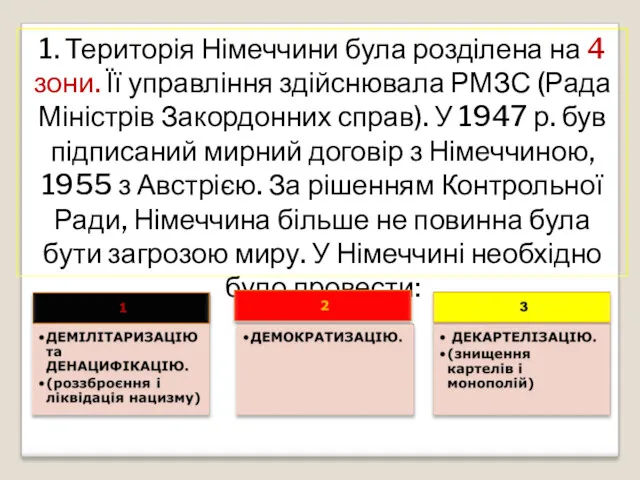 1. Територія Німеччини була розділена на 4 зони. Її управління