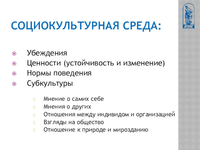 СОЦИОКУЛЬТУРНАЯ СРЕДА: Убеждения Ценности (устойчивость и изменение) Нормы поведения Субкультуры