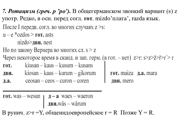 7. Ротацизм (греч. р ’ро’). В общегерманском звонкий вариант (s) z употр. Редко,