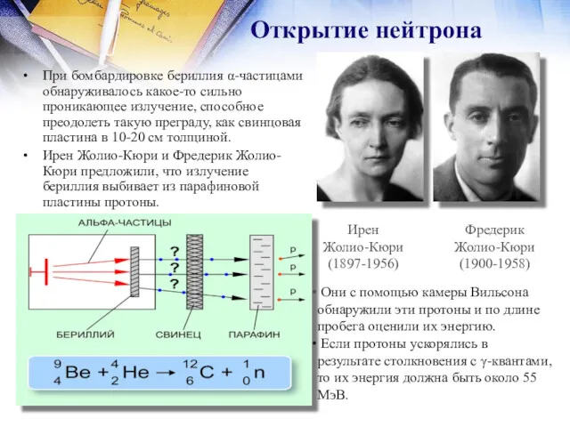 При бомбардировке бериллия α-частицами обнаруживалось какое-то сильно проникающее излучение, способное