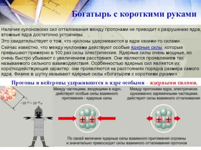 Богатырь с короткими руками Протоны и нейтроны удерживаются в ядре особыми – ядерными силами.