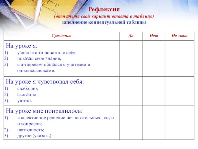 Рефлексия (отметьте свой вариант ответа в таблице) заполнение концептуальной таблицы